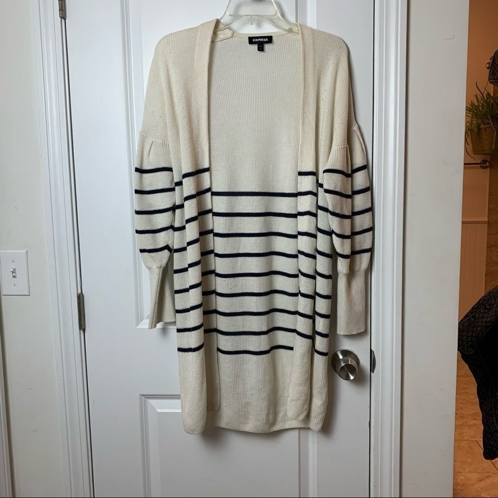 Express Size Small Long Cream and Navy Blue Striped Open Sweater
